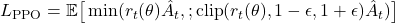  L_\text{PPO} = \mathbb{E}\big[\min(r_t(\theta)\hat{A}_t,; \text{clip}(r_t(\theta), 1-\epsilon, 1+\epsilon)\hat{A}_t)\big] 