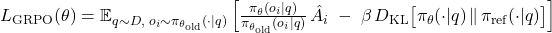 L_{\text{GRPO}}(\theta) = \mathbb{E}_{q \sim D,\; o_i \sim \pi_{\theta_{\text{old}}}(\cdot | q)} \left[ \frac{\pi_{\theta}(o_i|q)}{\pi_{\theta_{\text{old}}}(o_i|q)}\, \hat{A}_i \; - \; \beta \, D_{\text{KL}}\big[\pi_{\theta}(\cdot|q)\,\|\,\pi_{\text{ref}}(\cdot|q)\big] \right]