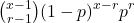 \[\tbinom{x-1}{r-1}(1-p)^{x-r}p^r\]